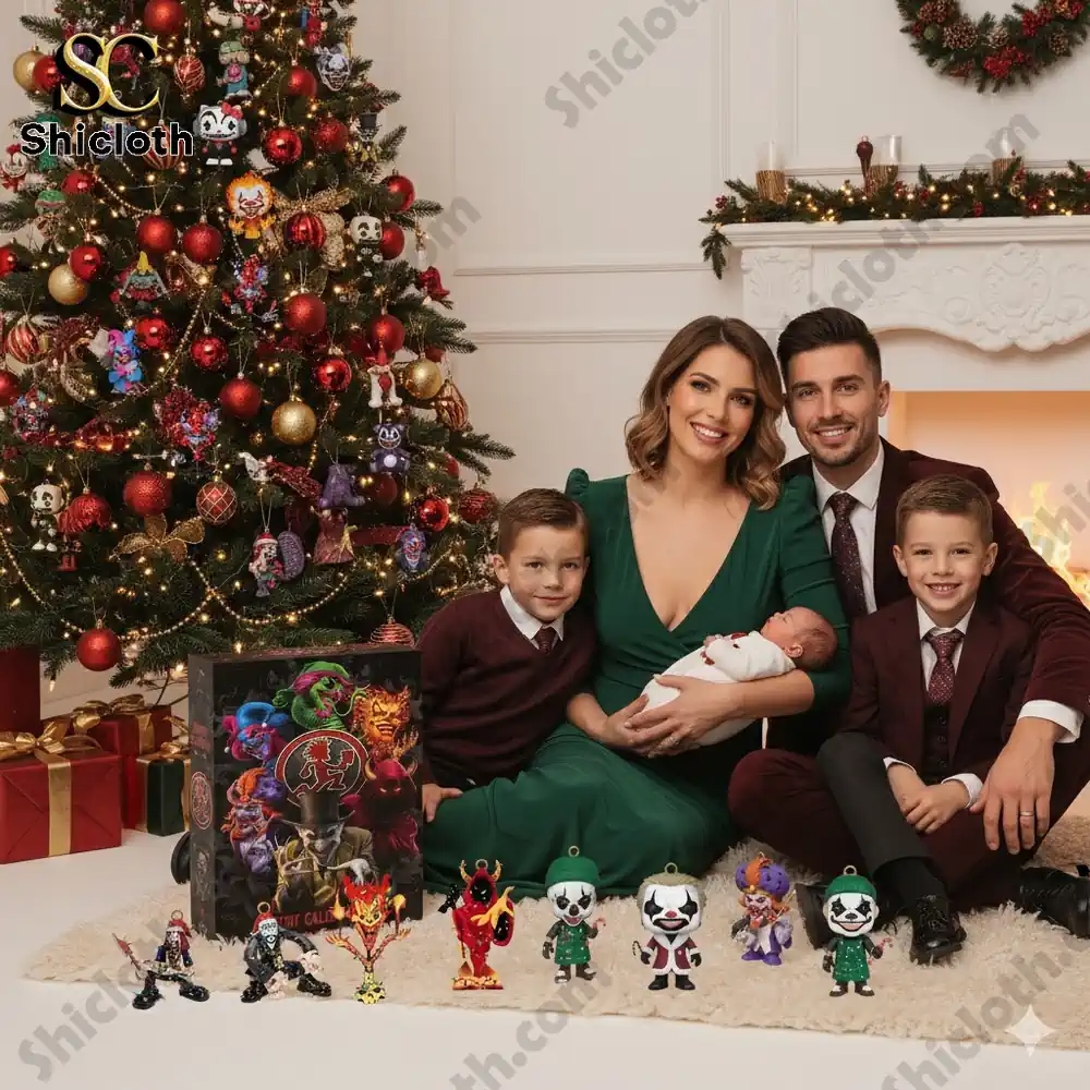 Family with Insane Clown Posse advent calendar and ornaments by Christmas tree.