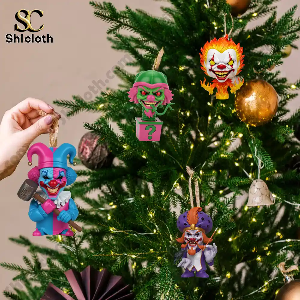 Insane Clown Posse Band Advent Calendar 2025 5 Shicloth Insane Clown Posse ornaments displayed on decorated Christmas tree.