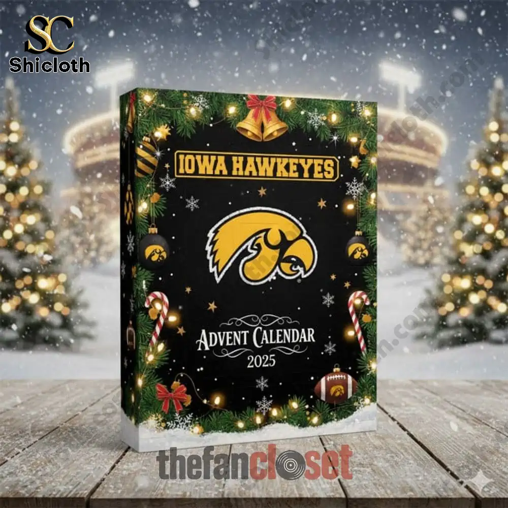 Iowa Hawkeyes 2025 Advent Calendar box with snowy Christmas background.