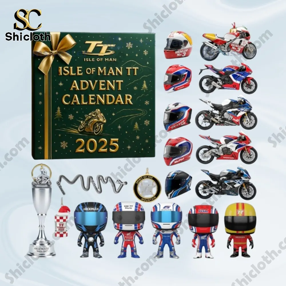 Isle of Man TT Advent Calendar 2025 set with miniature racing bikes, helmets, and rider figures.