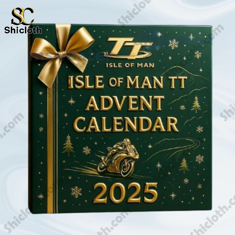 Isle Of Man Tt Advent Calendar 2025 3 Close up of the Isle of Man TT Advent Calendar 2025 box with festive green and gold design.