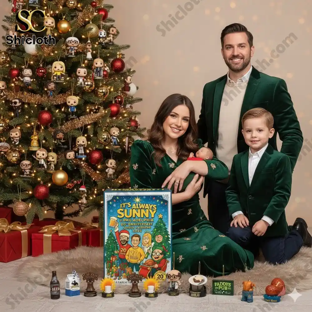 A family poses beside a Christmas tree with the It’s Always Sunny In Philadelphia 20th Anniversary Advent Calendar 2025.