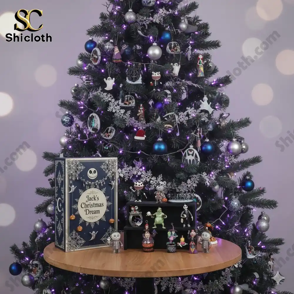 Jacks Christmas Dream Advent Calendar 2025 1 Jack's Christmas Dream Advent Calendar box and collectible figures displayed beside a Christmas tree decorated with themed ornaments.