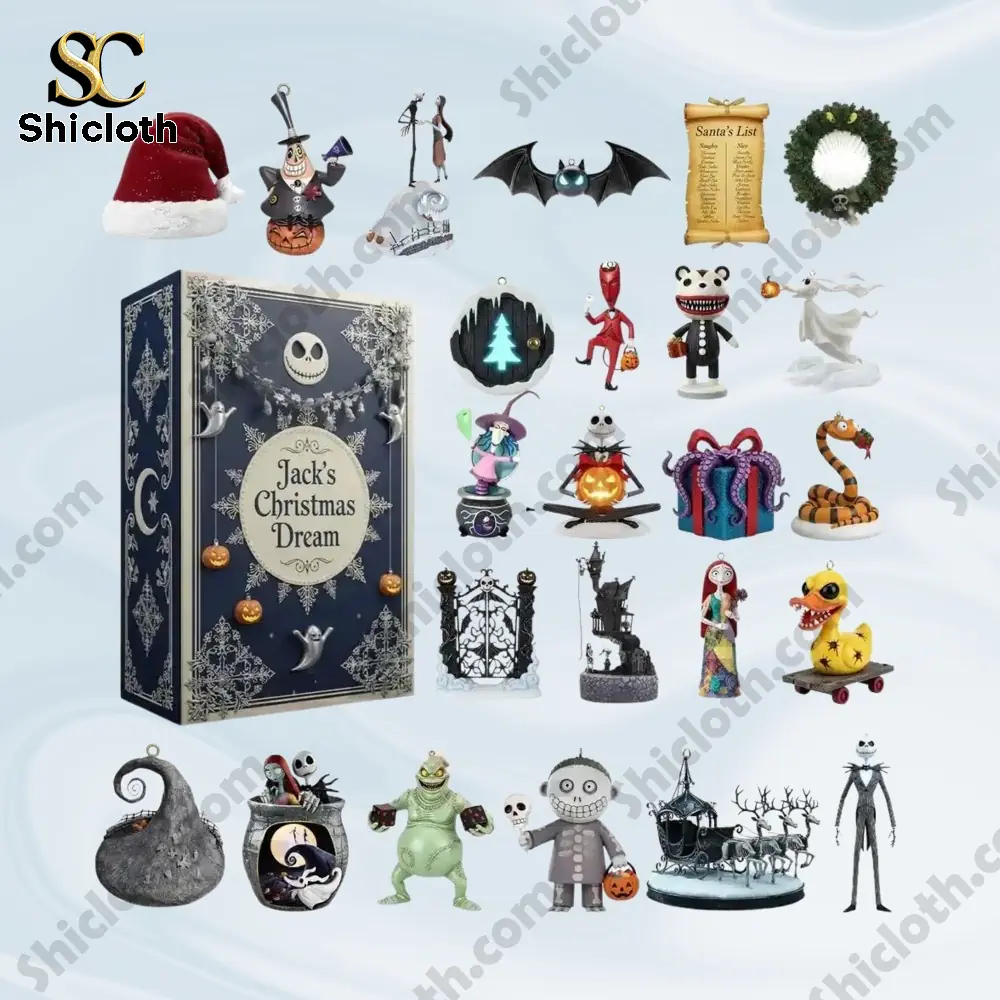 Jacks Christmas Dream Advent Calendar 2025 2 Complete set of Jack's Christmas Dream Advent Calendar 2025 mini collectible figures displayed with the main box.