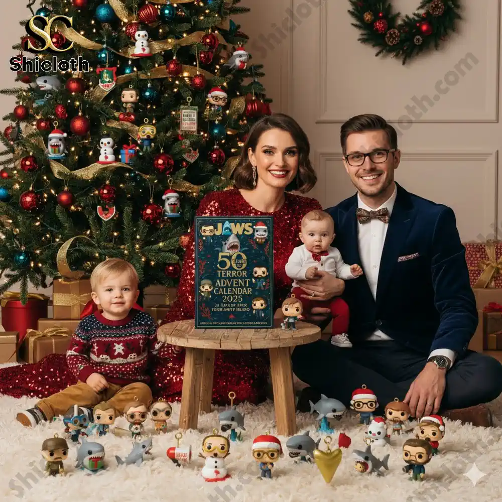 Family sitting by a Christmas tree holding a Jaws 50th Anniversary Advent Calendar 2025 with collectible figures.