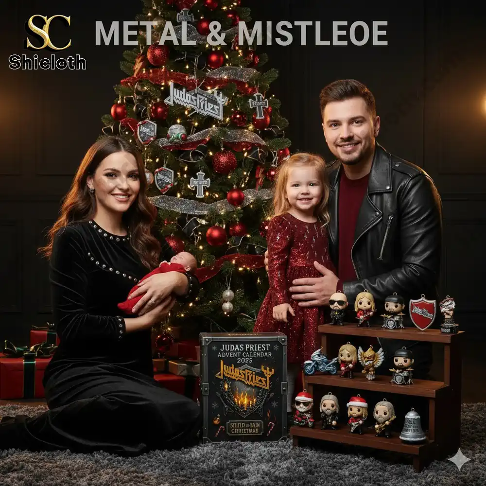 Family sitting by Christmas tree with Judas Priest Advent Calendar 2025 and collectible figures.