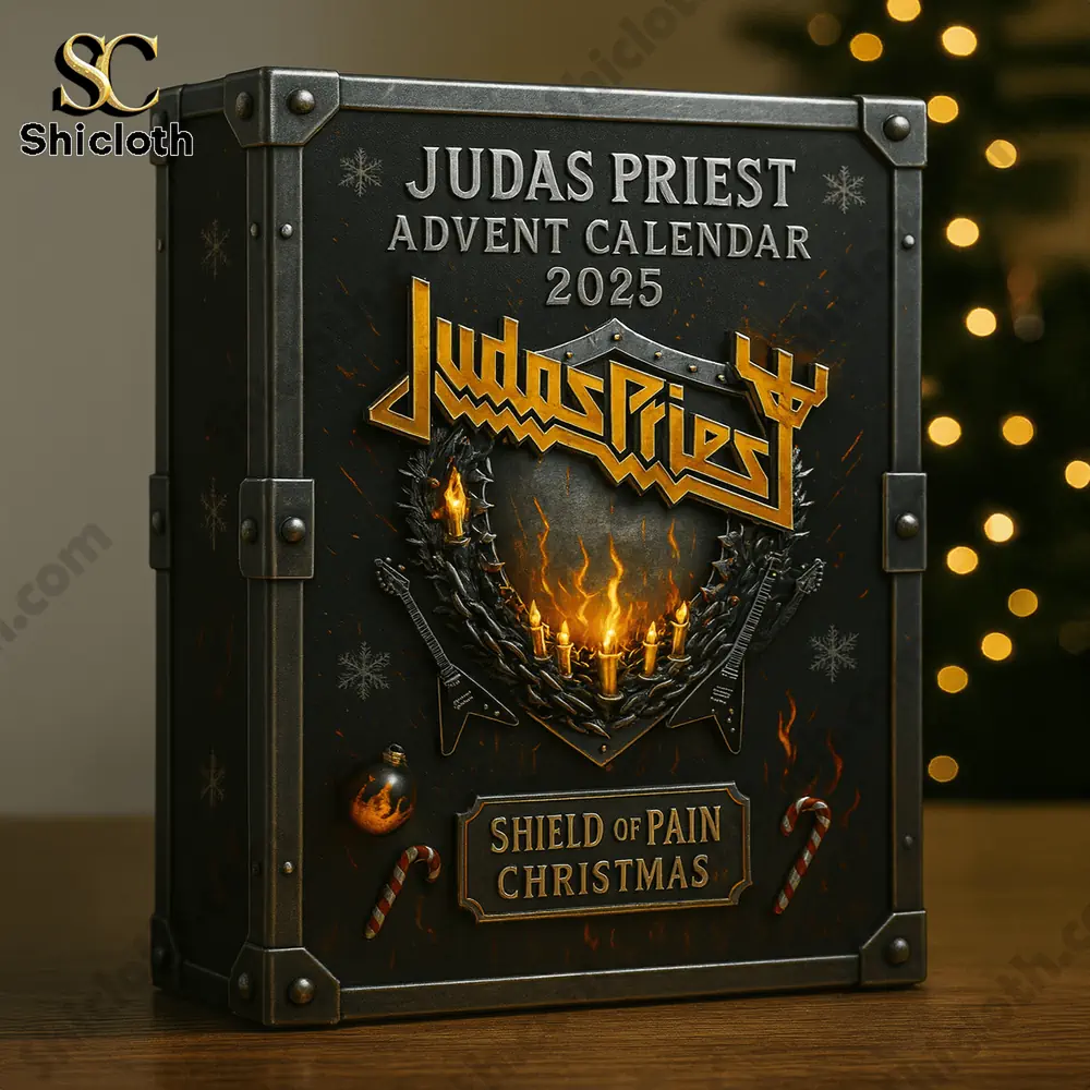 Close up of Judas Priest Advent Calendar 2025 box with metal design and flames.
