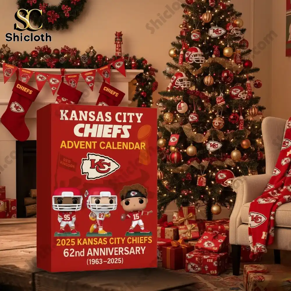 A Kansas City Chiefs Advent Calendar box sits by a Christmas tree decorated with team ornaments and stockings!