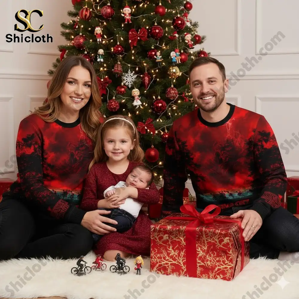 A family wearing matching red and black sweaters posing with gifts in front of a decorated Christmas tree.
