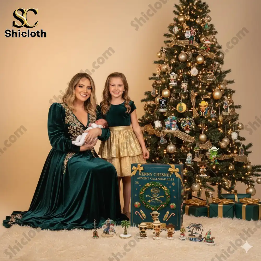 A woman and two children sit by a decorated Christmas tree with the Kenny Chesney Advent Calendar 2025 beside them!