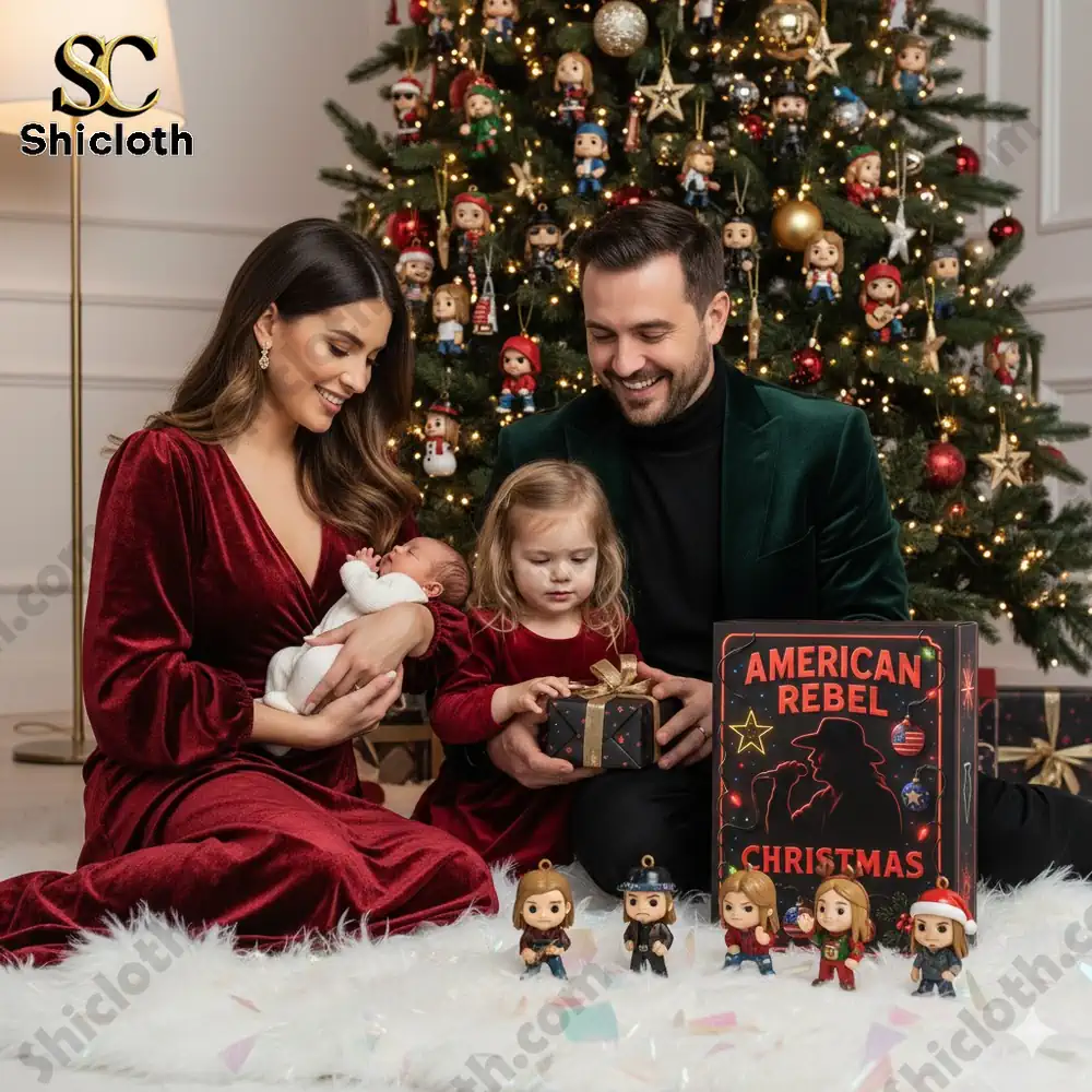 Family celebrating Christmas with Kid Rock American Rebel Advent Calendar 2025 by Shicloth.