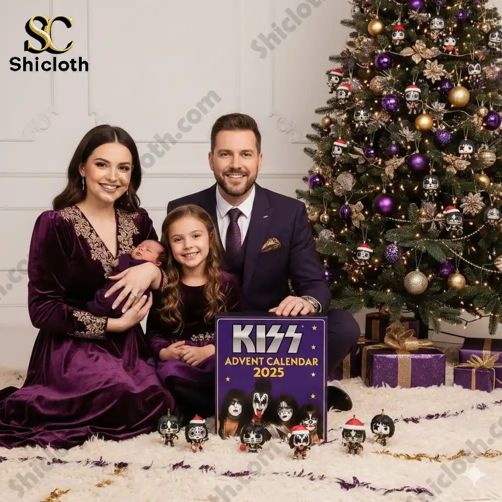 A family dressed in purple poses by a Christmas tree with a Kiss Advent Calendar 2025 box and collectible figures on the floor!