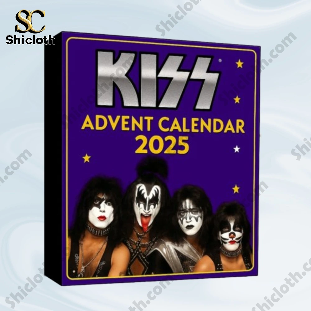 Kiss 2025 Advent Calendar Rock Roll 3 A Kiss Advent Calendar 2025 box surrounded by miniature band member figures in festive outfits!