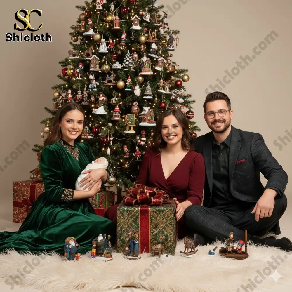 A family sits by a Christmas tree surrounded by Shicloth Klaus Advent Calendar figurines and wrapped gifts!