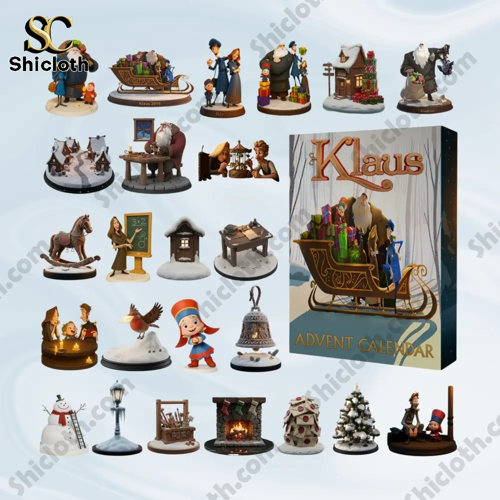 A full set of Shicloth Klaus Advent Calendar 2025 miniature figures displayed beside the main product box!