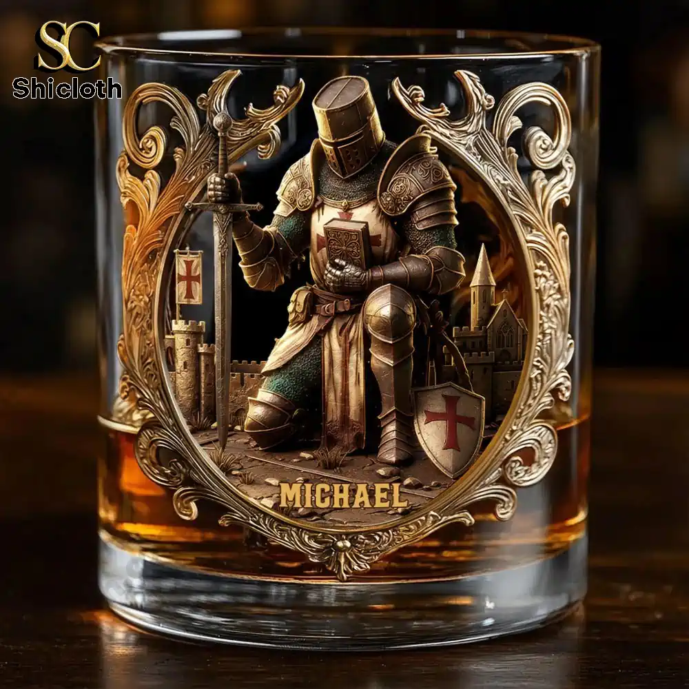 Kneeling Crusader Knight With Sword & Bible Personalized Whiskey Glass