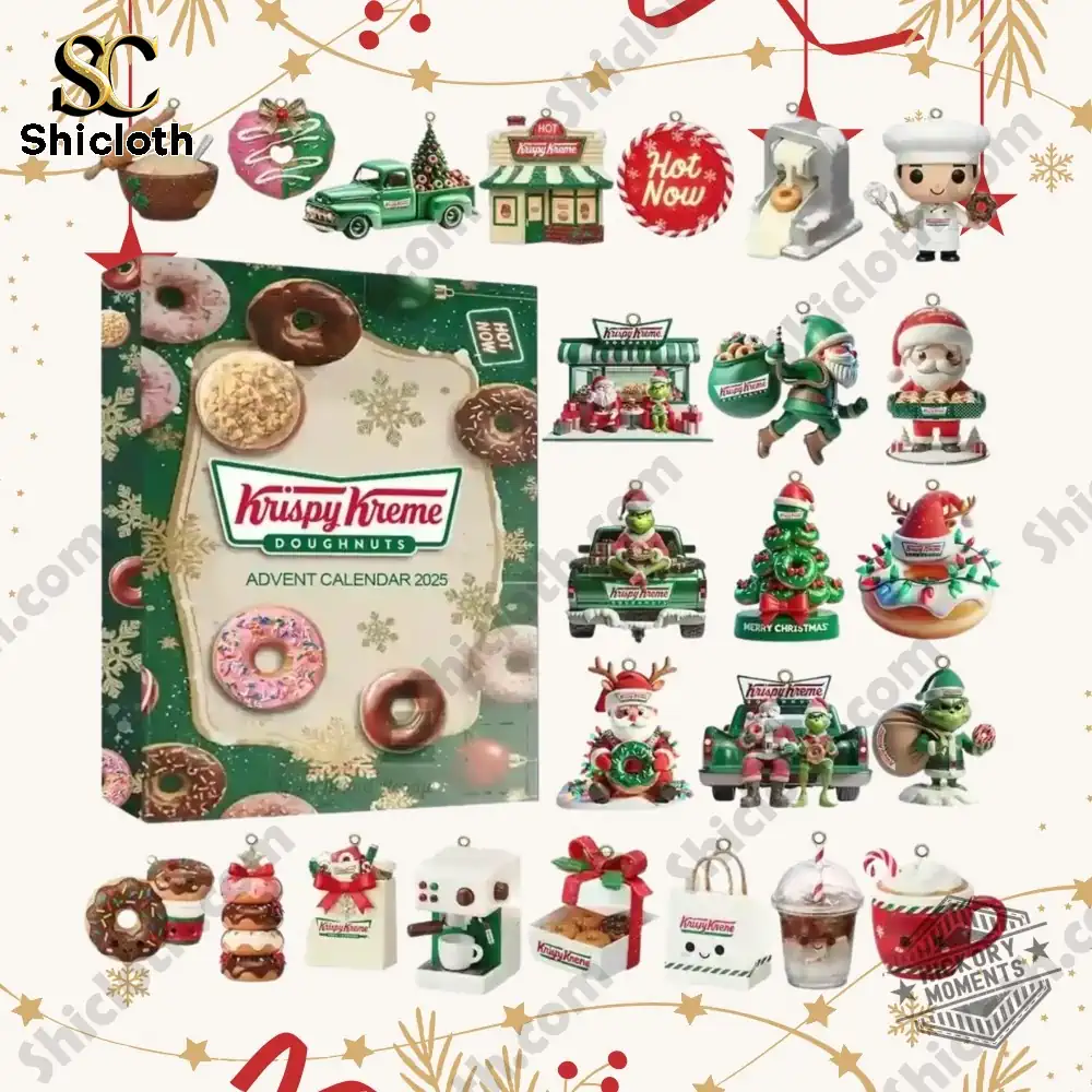 Family celebrating Christmas beside a tree decorated with Krispy Kreme Advent Calendar 2025 ornaments!