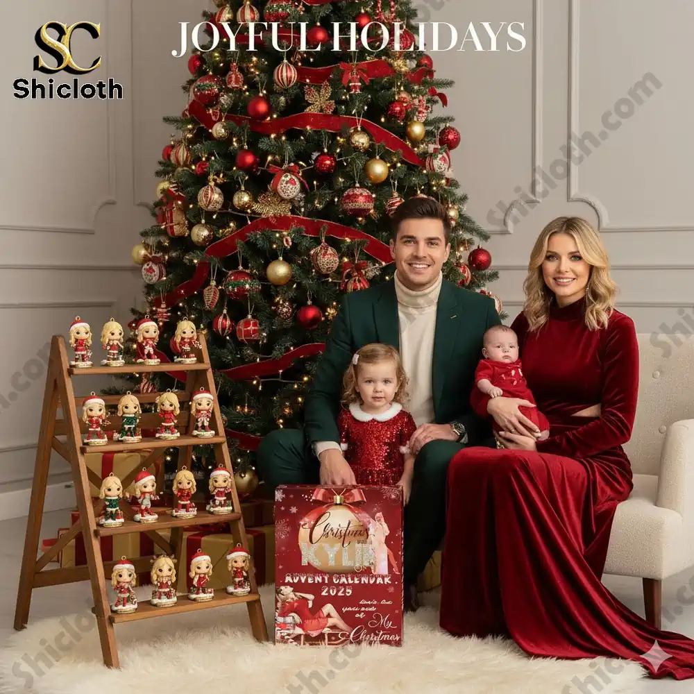 A family poses in front of a decorated Christmas tree with a Kylie Minogue Advent Calendar 2025 and holiday figurines.