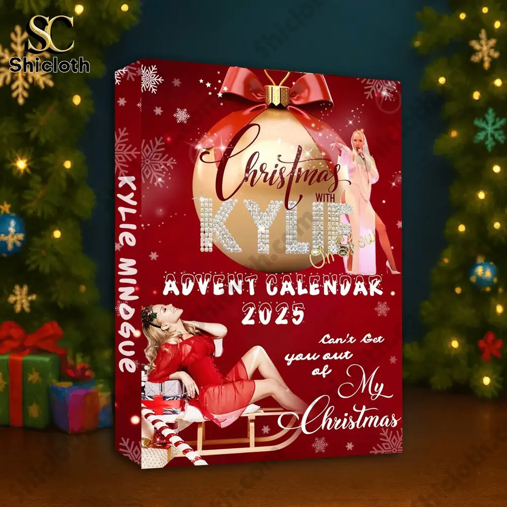 Kylie Minogue Premium Advent Calendar 2025 3 Close up of a Kylie Minogue Advent Calendar 2025 placed near a Christmas tree.