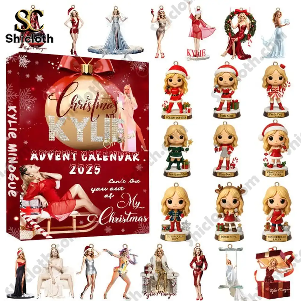 Kylie Minogue Advent Calendar 2025 with multiple holiday figurine ornaments displayed around it.