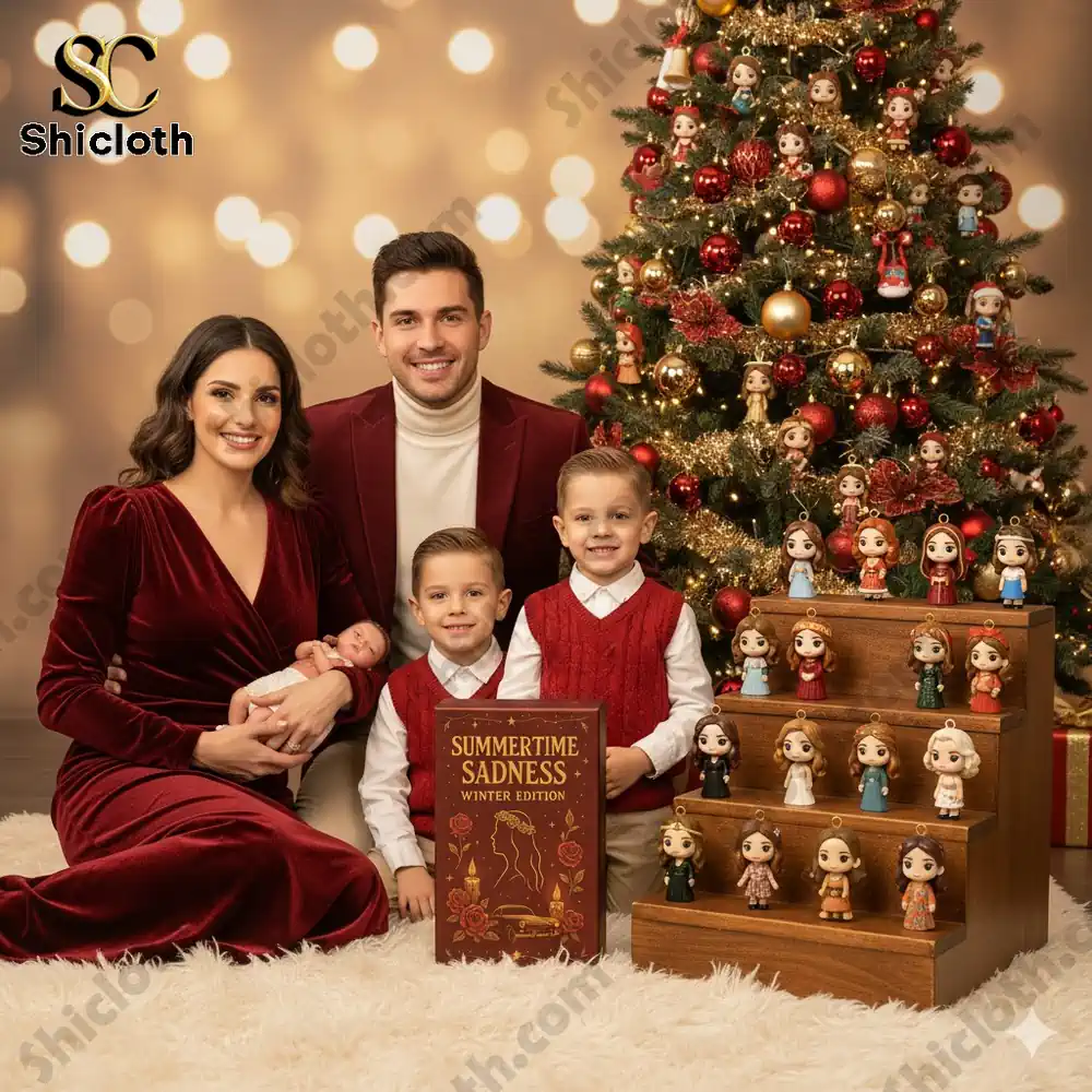 A family sits by a Christmas tree decorated with collectible ornaments and the Summertime Sadness Winter Edition Advent Calendar.