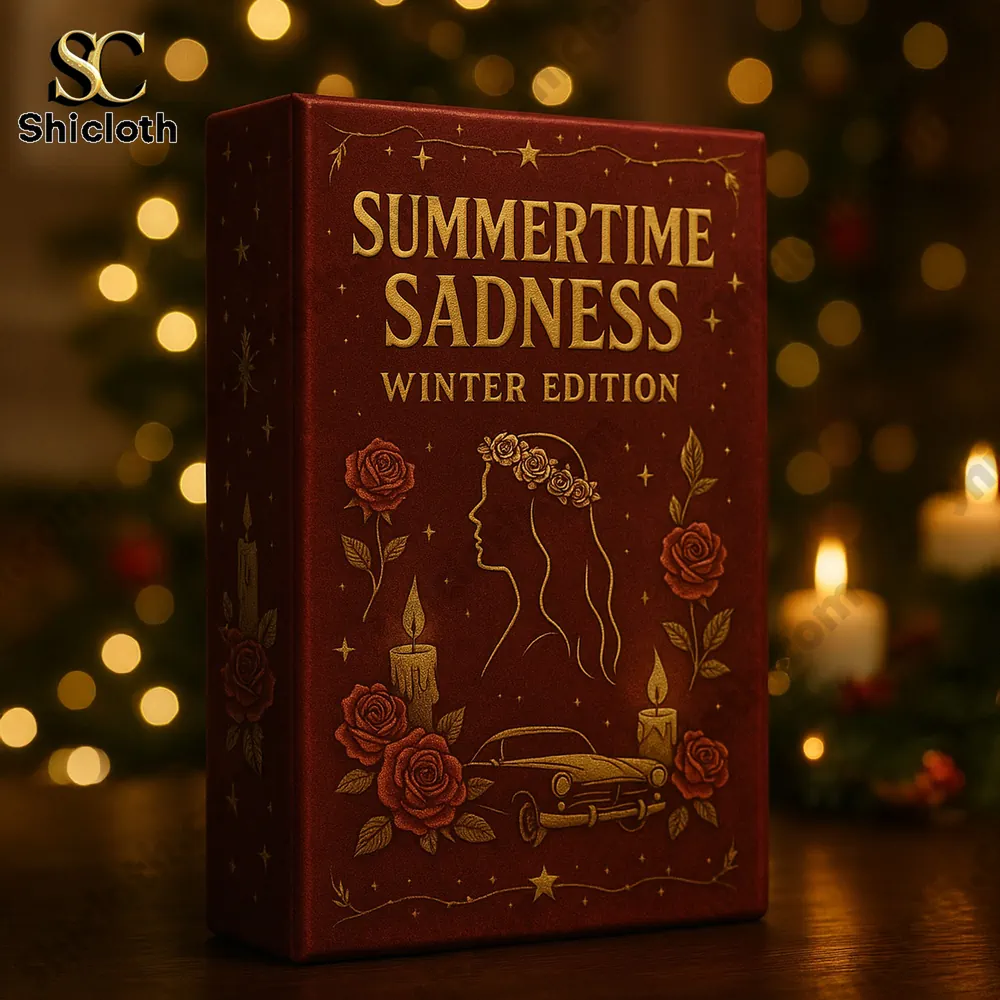 Lana Del Rey Summertime Sadness Advent Calendar 2025 3 Close up of the Summertime Sadness Winter Edition Advent Calendar 2025 box in front of Christmas lights.