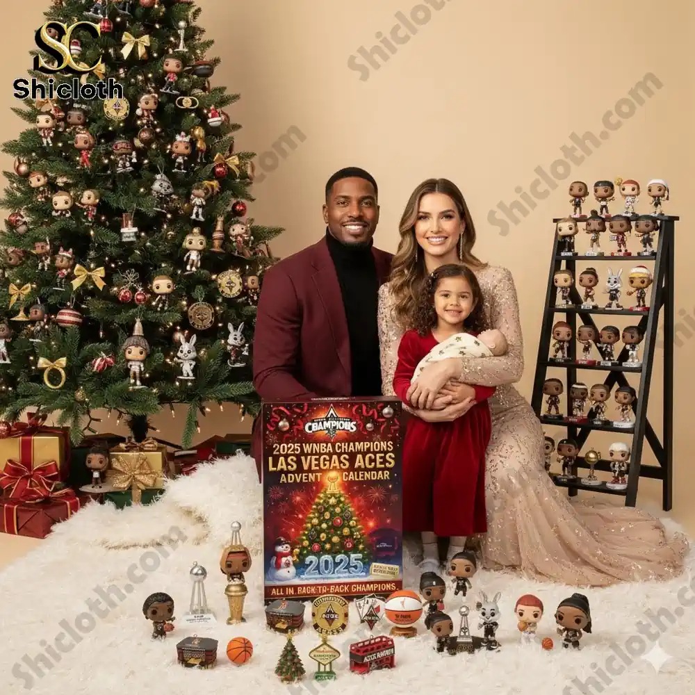 Family celebrating Christmas beside a tree with Las Vegas Aces WNBA Champions Advent Calendar 2025 by Shicloth!