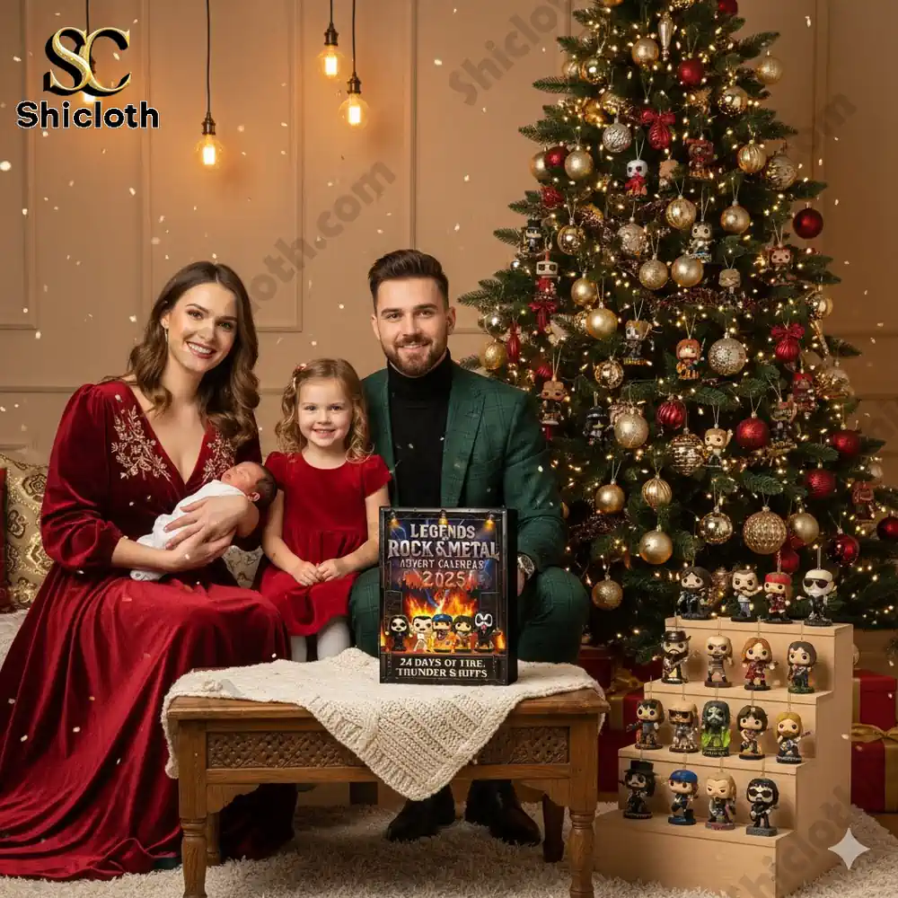 A family poses beside a Christmas tree with the Legends of Rock Metal Advent Calendar 2025 and collectible figures.