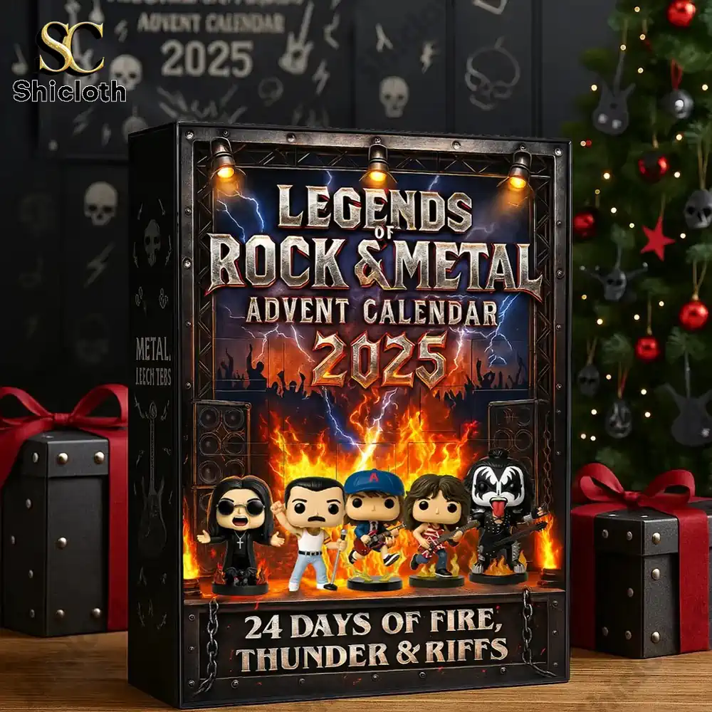 Close up of the Legends of Rock Metal Advent Calendar 2025 box placed near a Christmas tree.