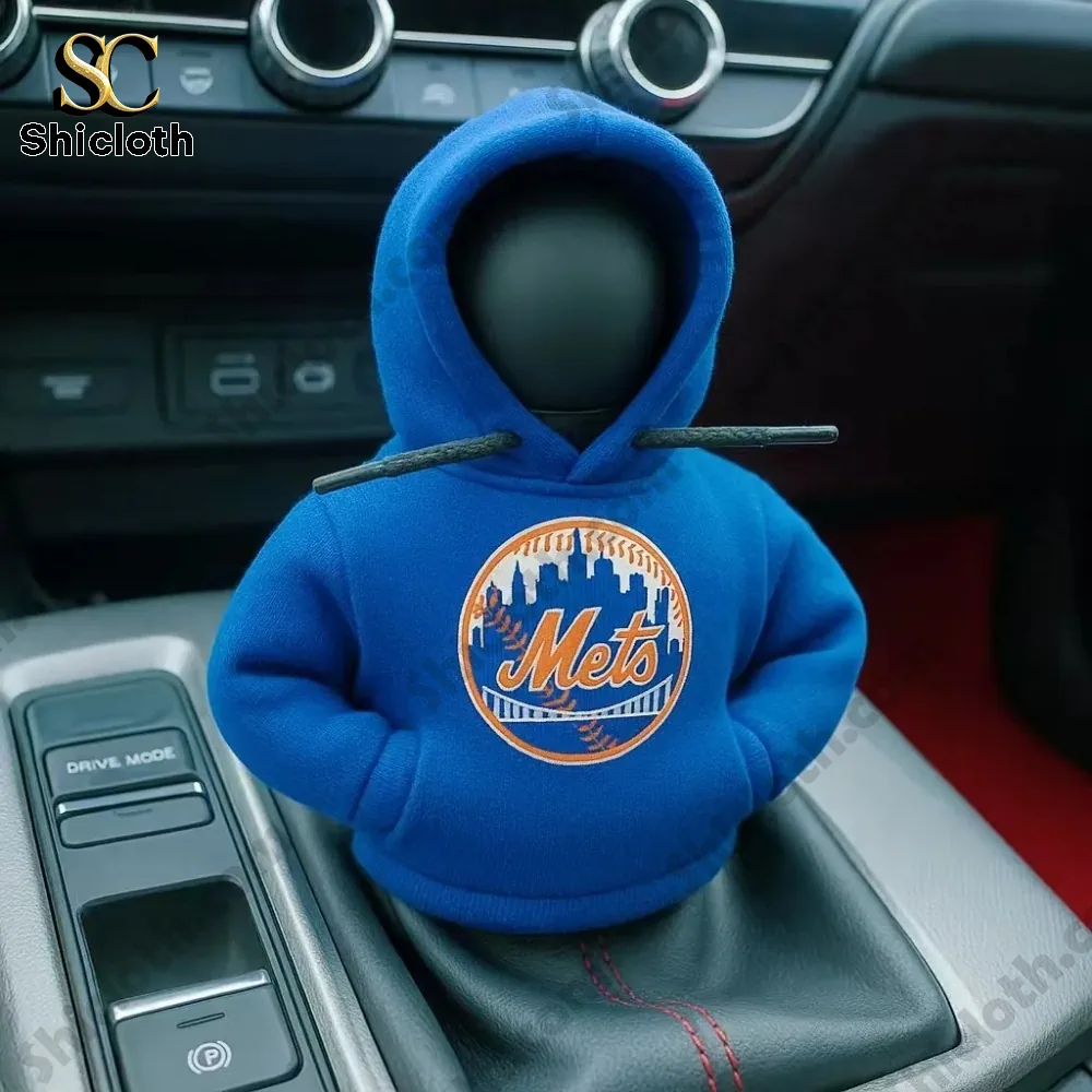 Blue hoodie with New York Mets logo covering a car gear shift knob!