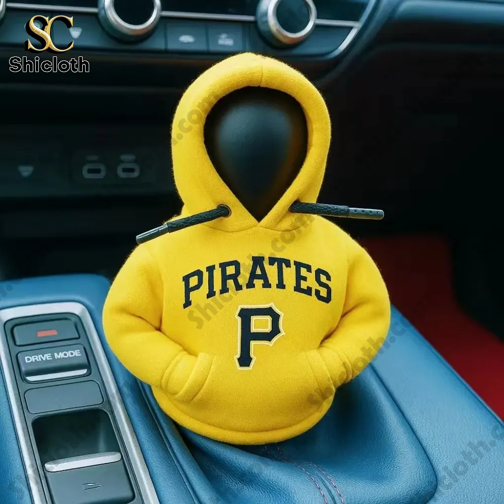 Yellow hoodie with Pittsburgh Pirates logo covering a car gear shift knob!