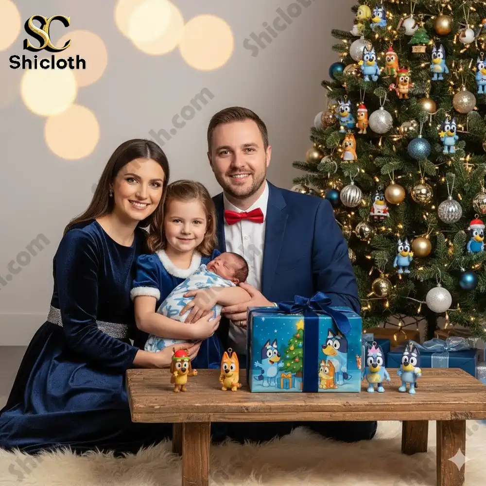 A family posing for a Christmas photo with a decorated tree and Bluey character toys on a table!