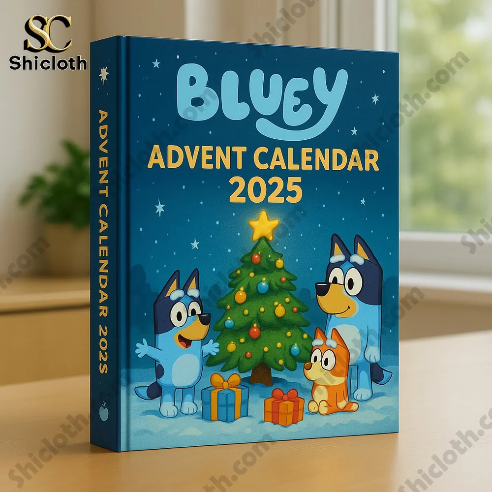 Bluey Advent Calendar 2025 book standing on a wooden table near a window!