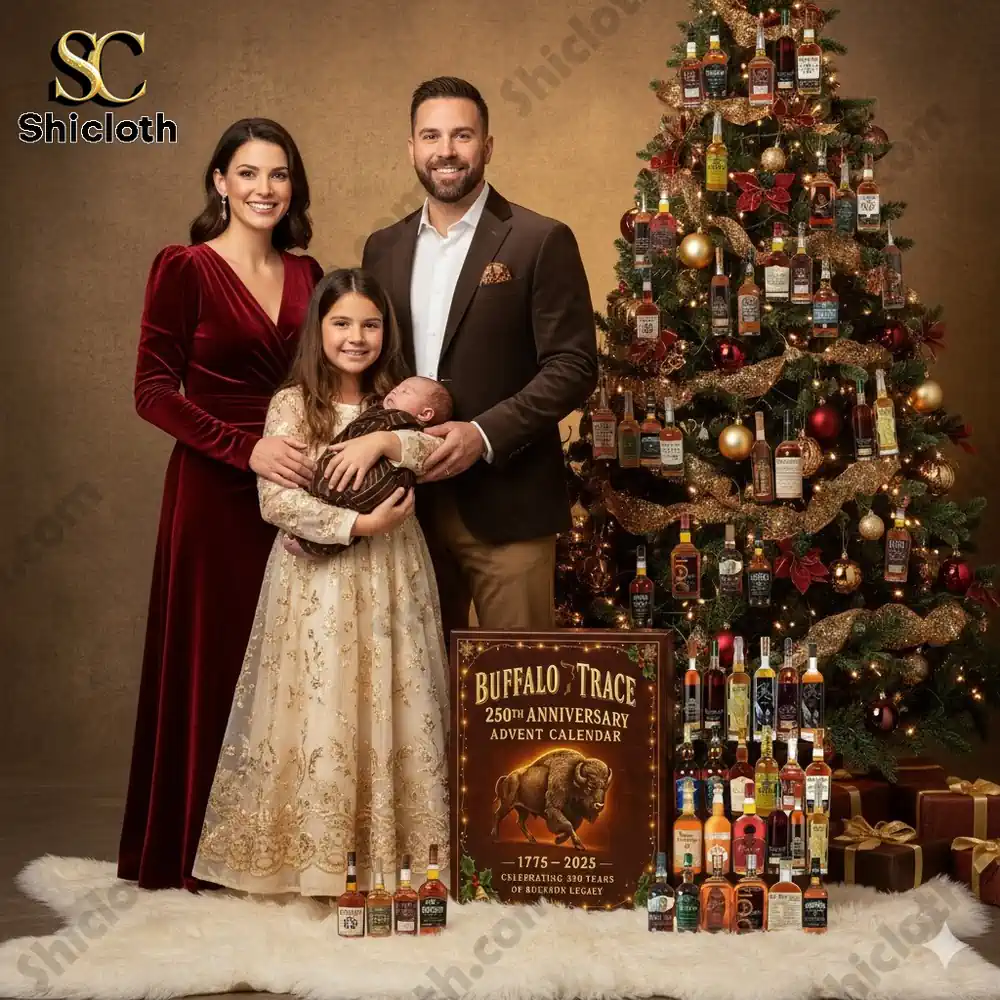 A happy family stands beside a Christmas tree decorated with mini bottles and the Buffalo Trace 250th Anniversary Advent Calendar box.