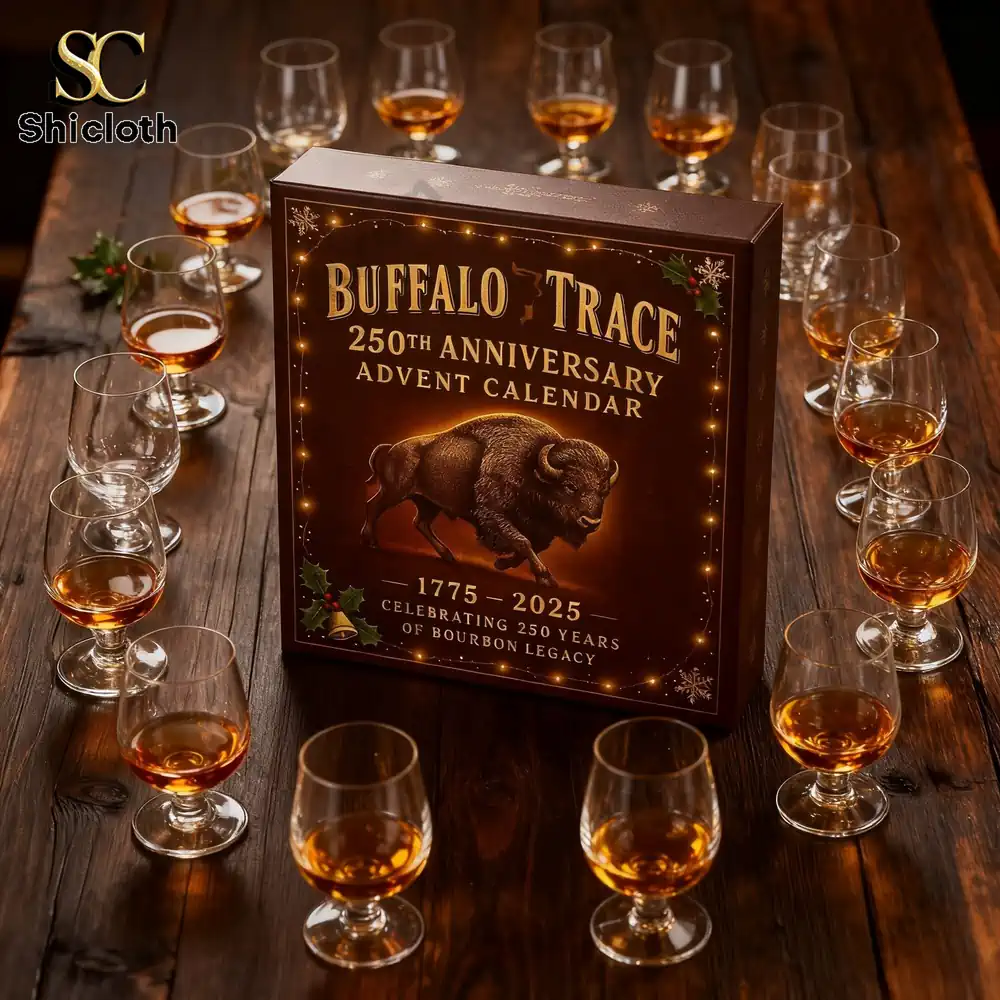 Limited Edition Buffalo Trace 250th Anniversary Advent Calendar 3 Buffalo Trace 250th Anniversary Advent Calendar box surrounded by whiskey glasses on a wooden table.