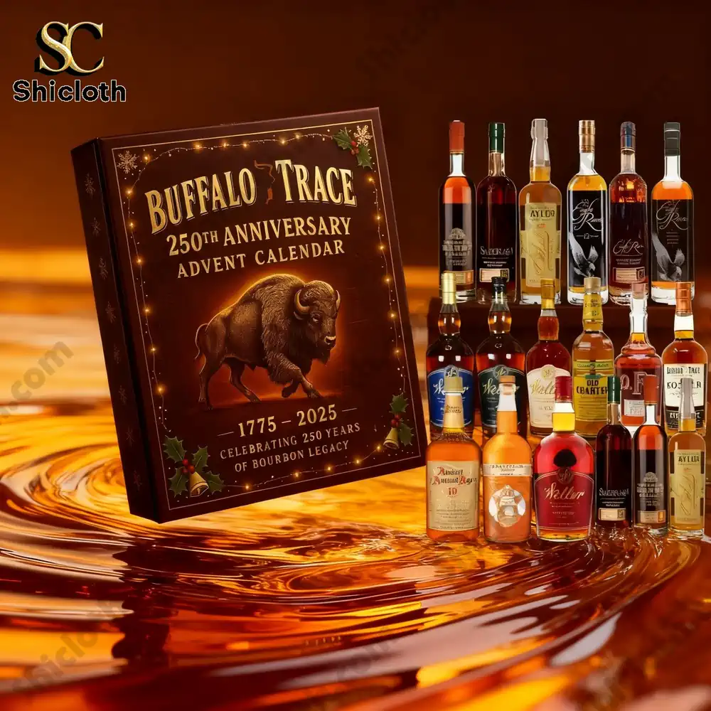 Limited Edition Buffalo Trace 250th Anniversary Advent Calendar 4 Buffalo Trace 250th Anniversary Advent Calendar box surrounded by premium bourbon bottles and amber liquid background.