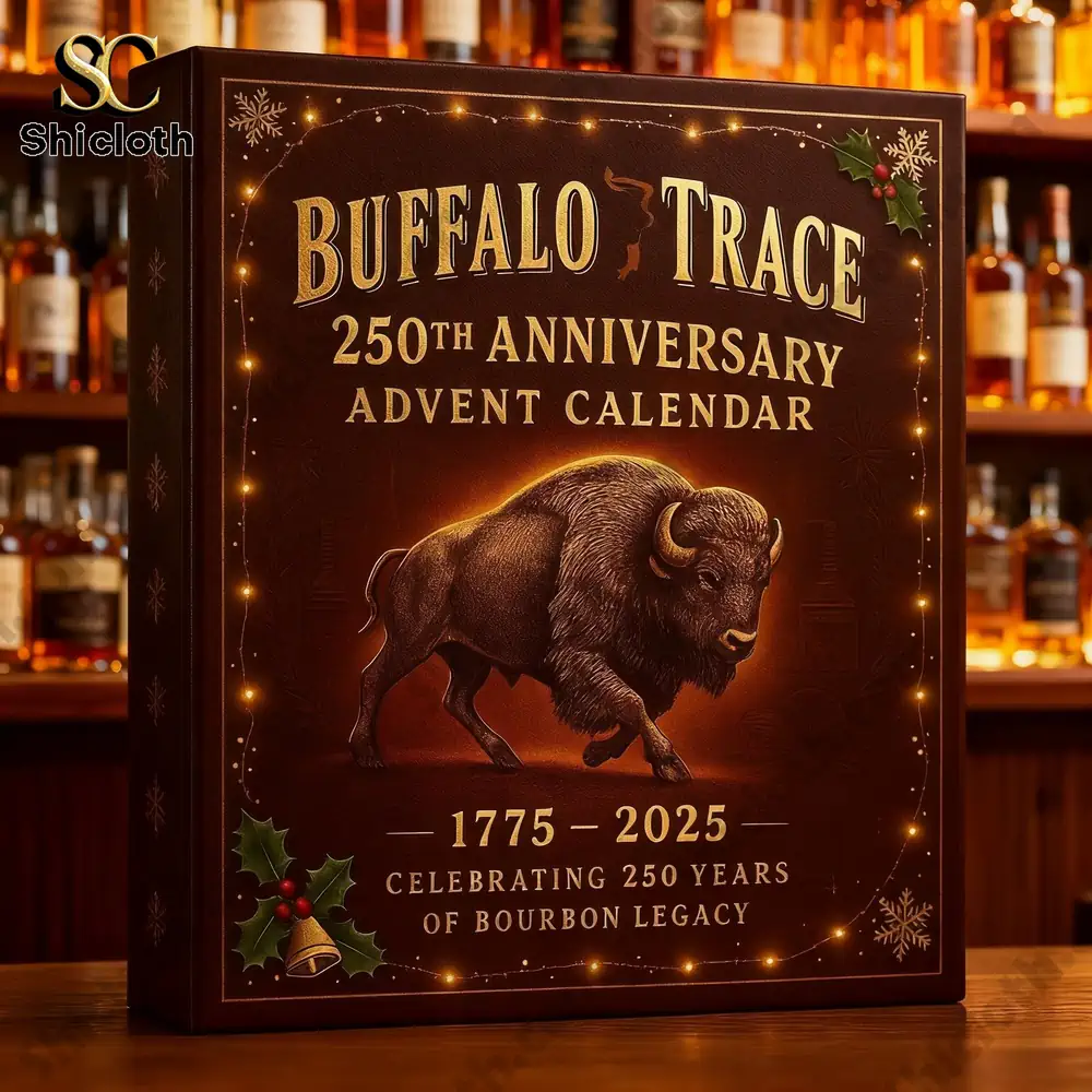Limited Edition Buffalo Trace 250th Anniversary Advent Calendar 6 Buffalo Trace 250th Anniversary Advent Calendar box displayed on a wooden bar with warm ambient lighting.
