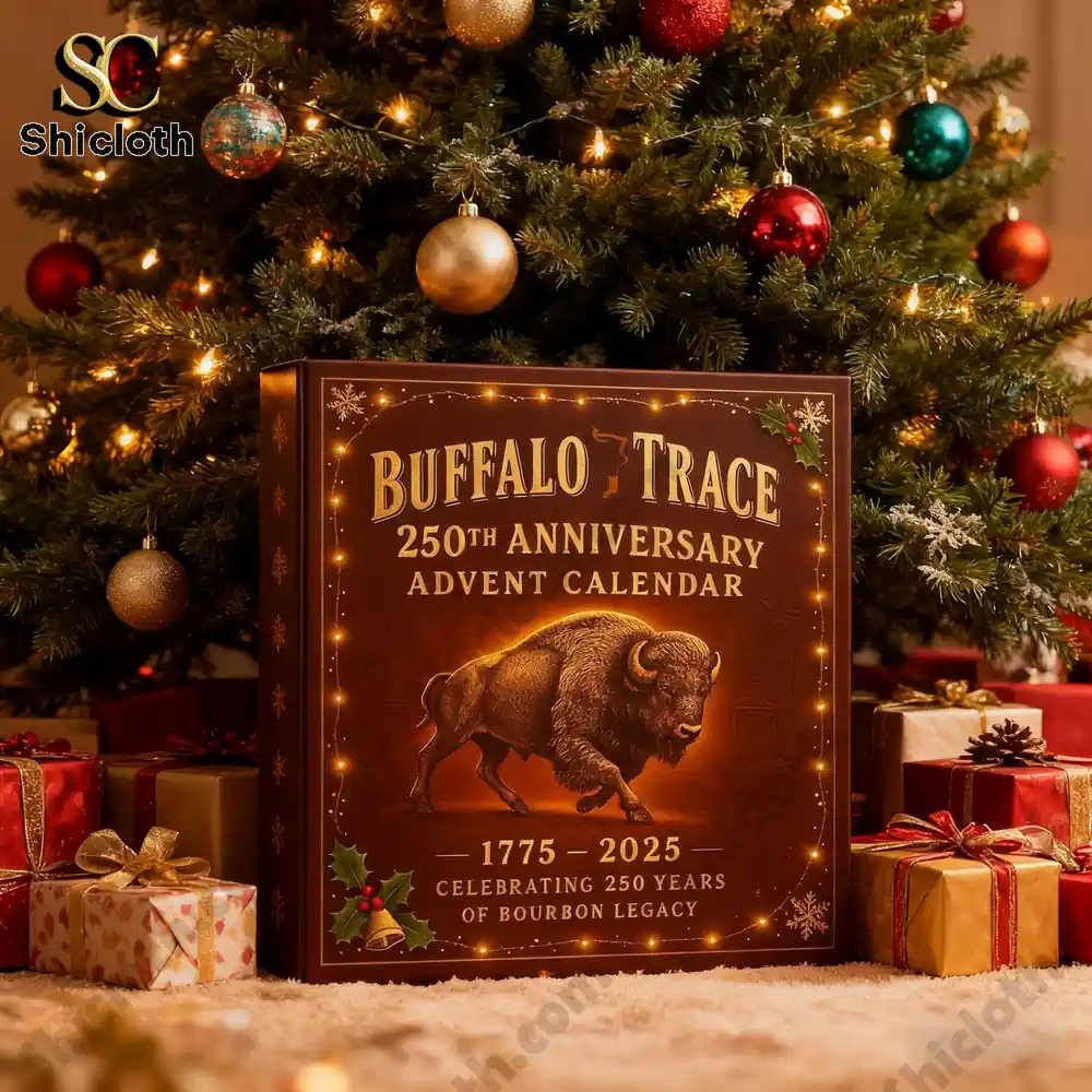 Limited Edition Buffalo Trace 250th Anniversary Advent Calendar 5 Buffalo Trace 250th Anniversary Advent Calendar box under a Christmas tree surrounded by holiday gifts.