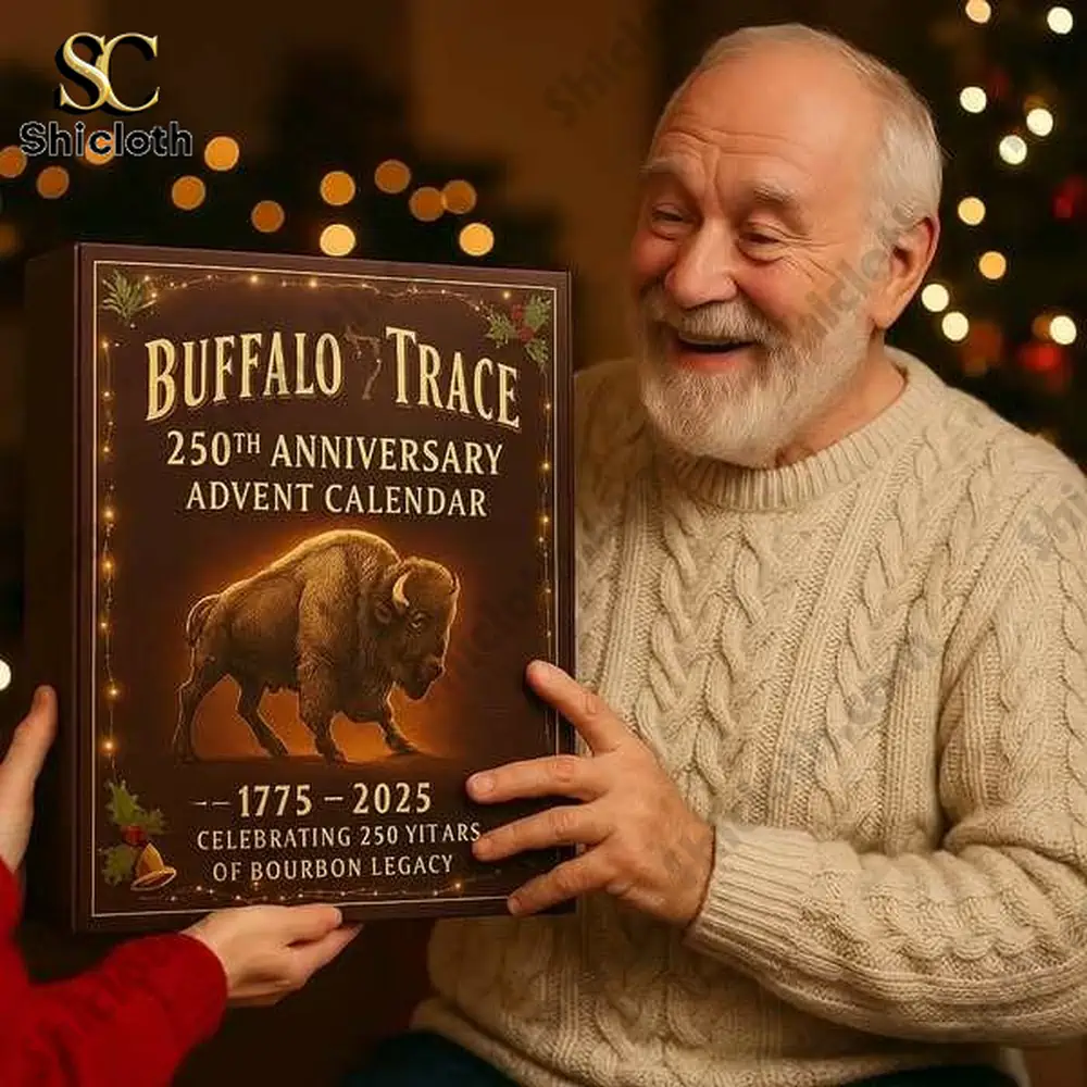 An elderly man smiling while receiving the Buffalo Trace 250th Anniversary Advent Calendar as a Christmas gift.