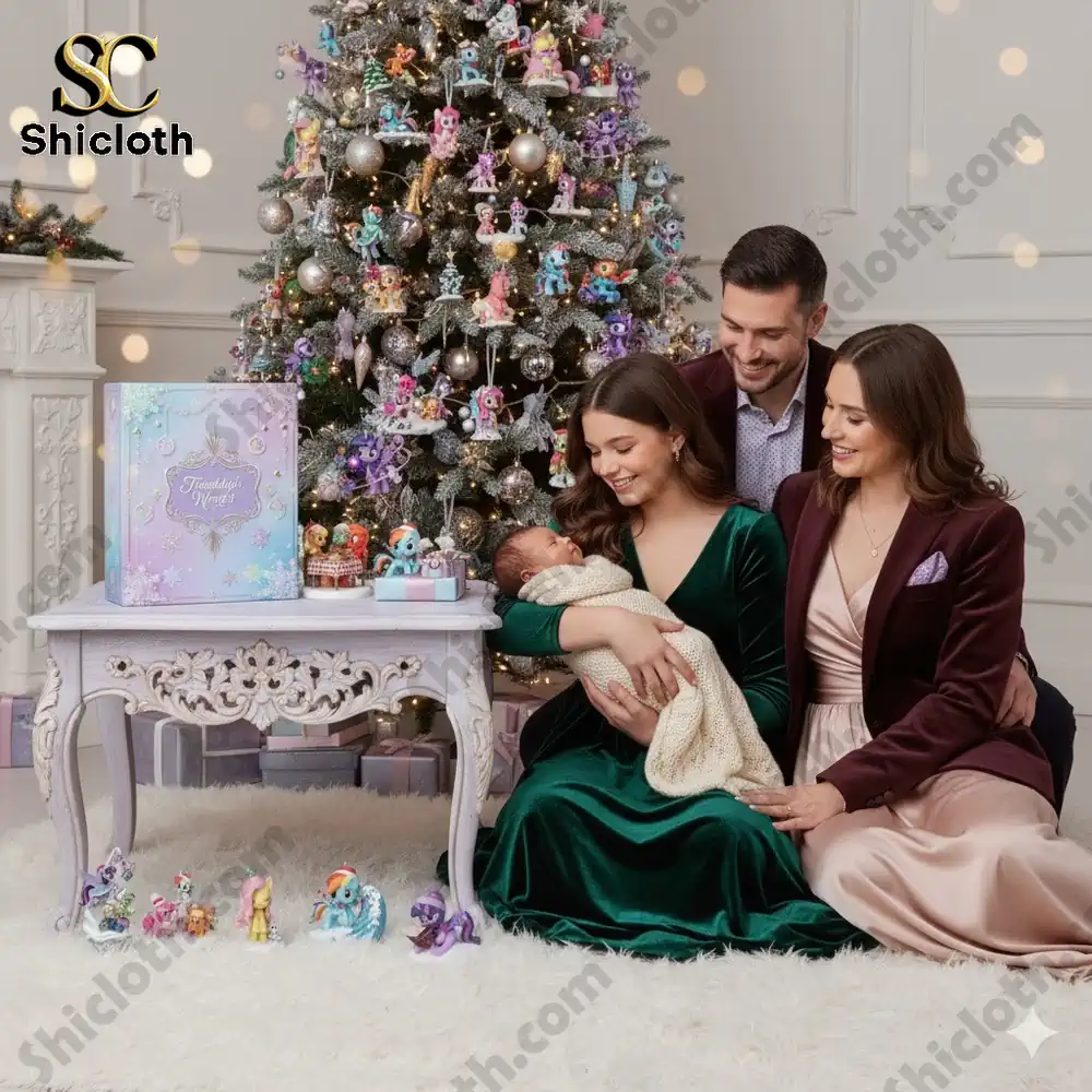 A family gathered by a Christmas tree with Shicloth Friendship Winter box and small pony figures displayed on a table.