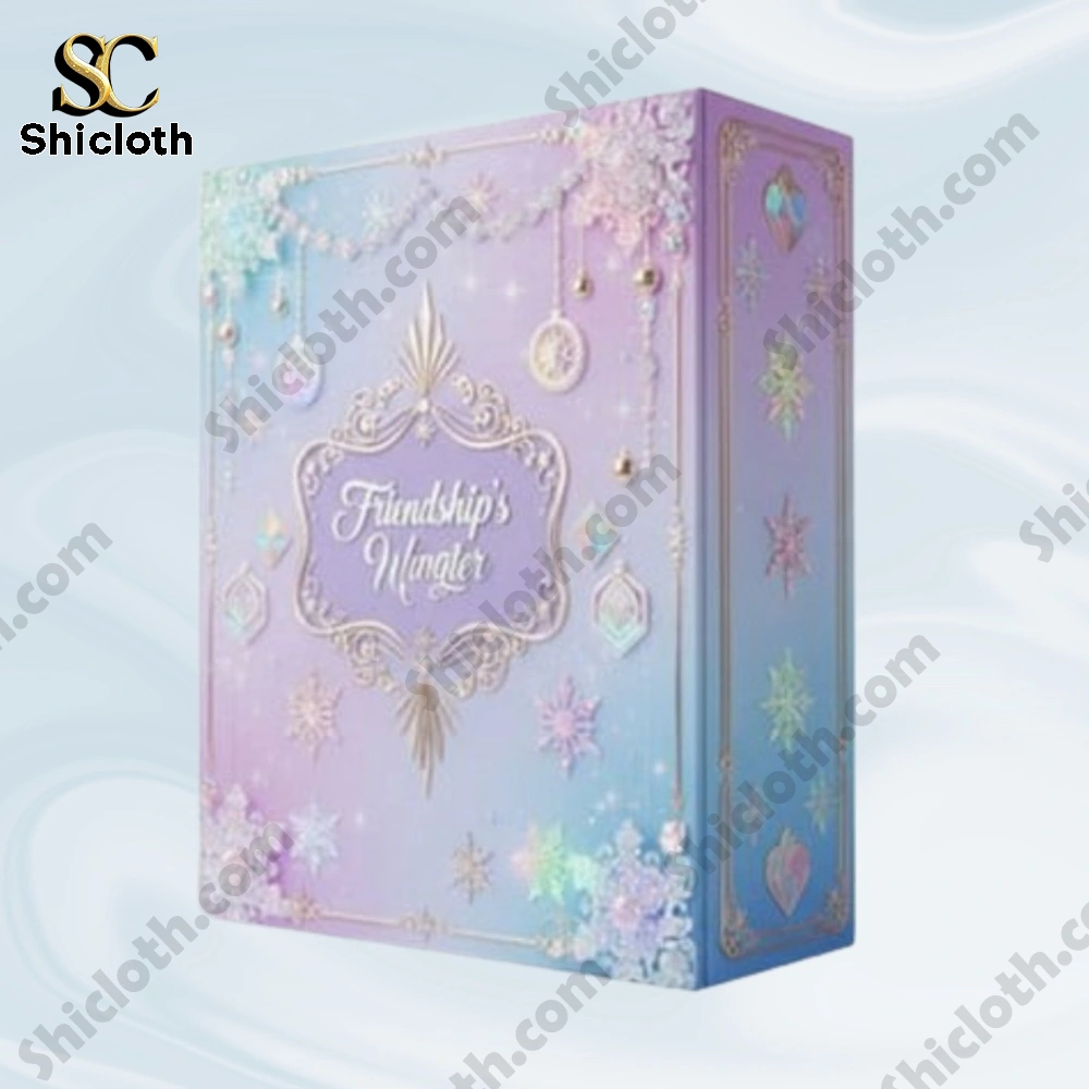 A pastel gradient Shicloth Friendship Winter box decorated with snowflakes and elegant winter ornaments.