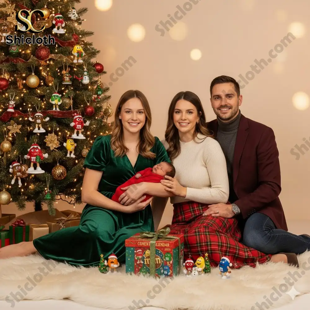 A family sitting beside a Christmas tree with M&M’s themed ornaments and M&M’s Advent Calendar 2025 gift box from Shicloth!