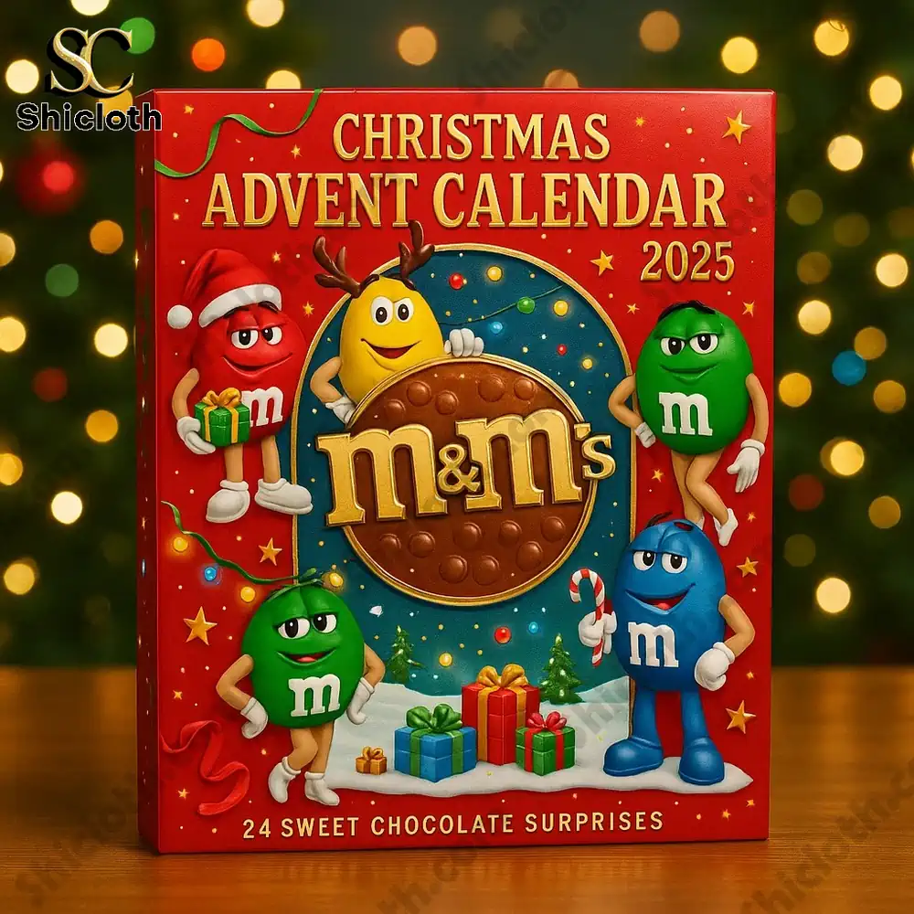 Close up of M&M’s Advent Calendar 2025 box with colorful characters and gifts from Shicloth!