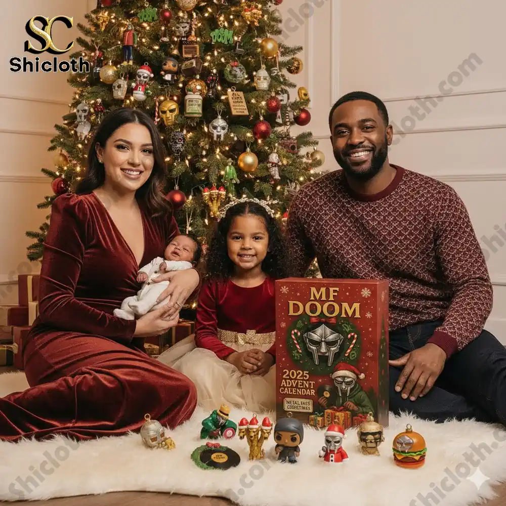 Family sitting by Christmas tree with MF Doom 2025 Advent Calendar and collectible figures.