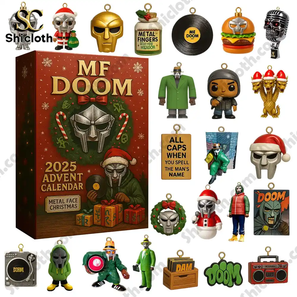 Close up of MF Doom 2025 Advent Calendar with ornaments and collectible figures.