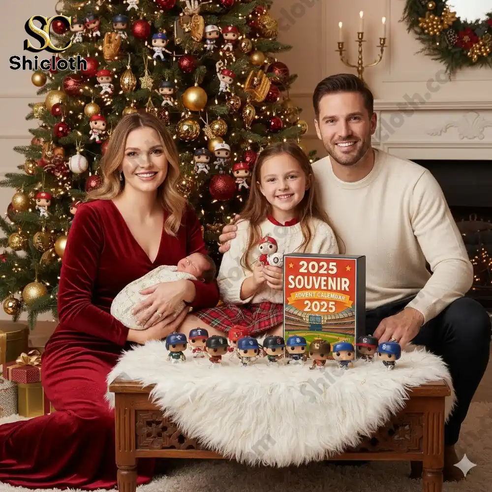 A smiling family sits by a Christmas tree with the 2025 Souvenir Advent Calendar and baseball-themed mini figures on a table.