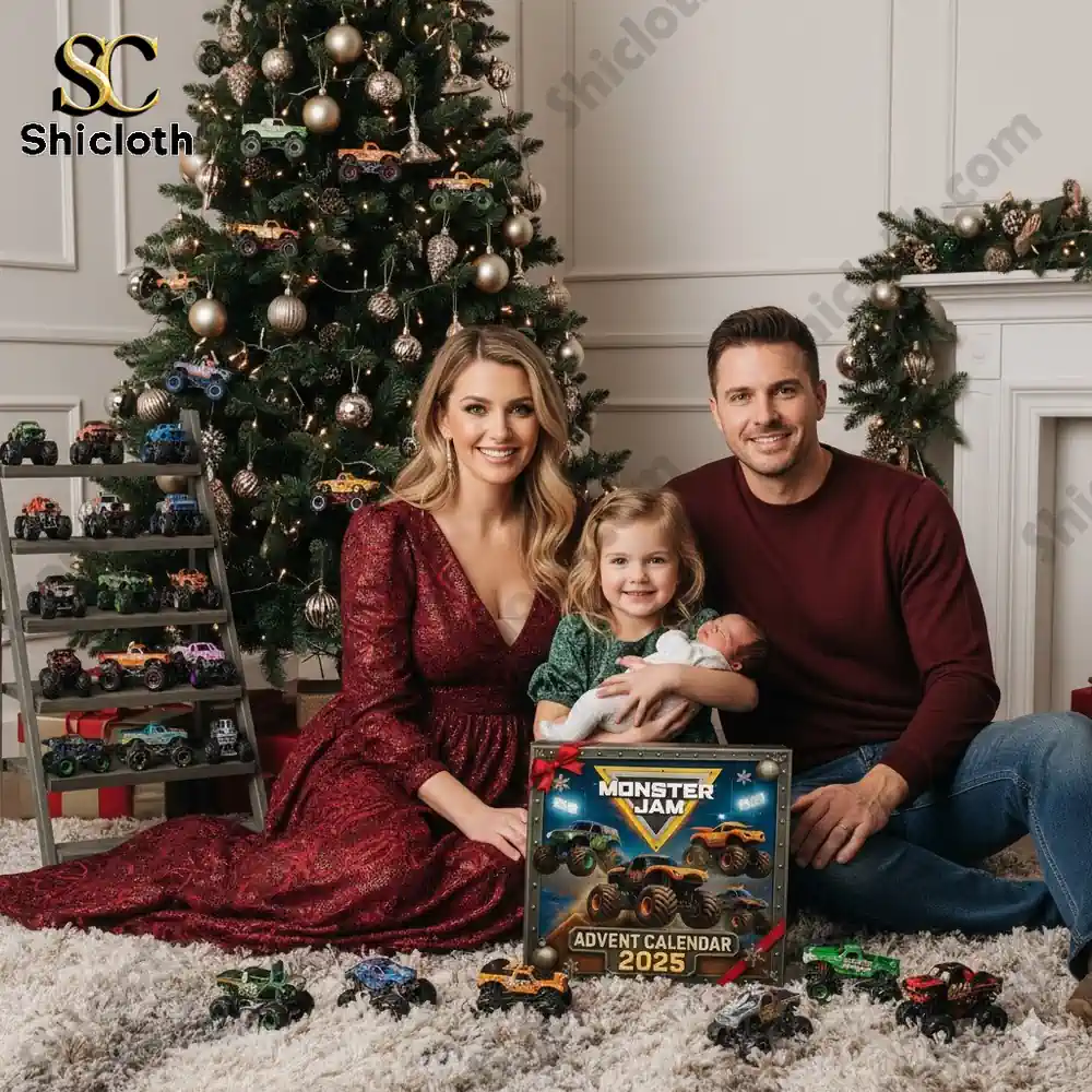 Family celebrating Christmas with Monster Jam Advent Calendar 2025 by Shicloth and toy monster trucks!