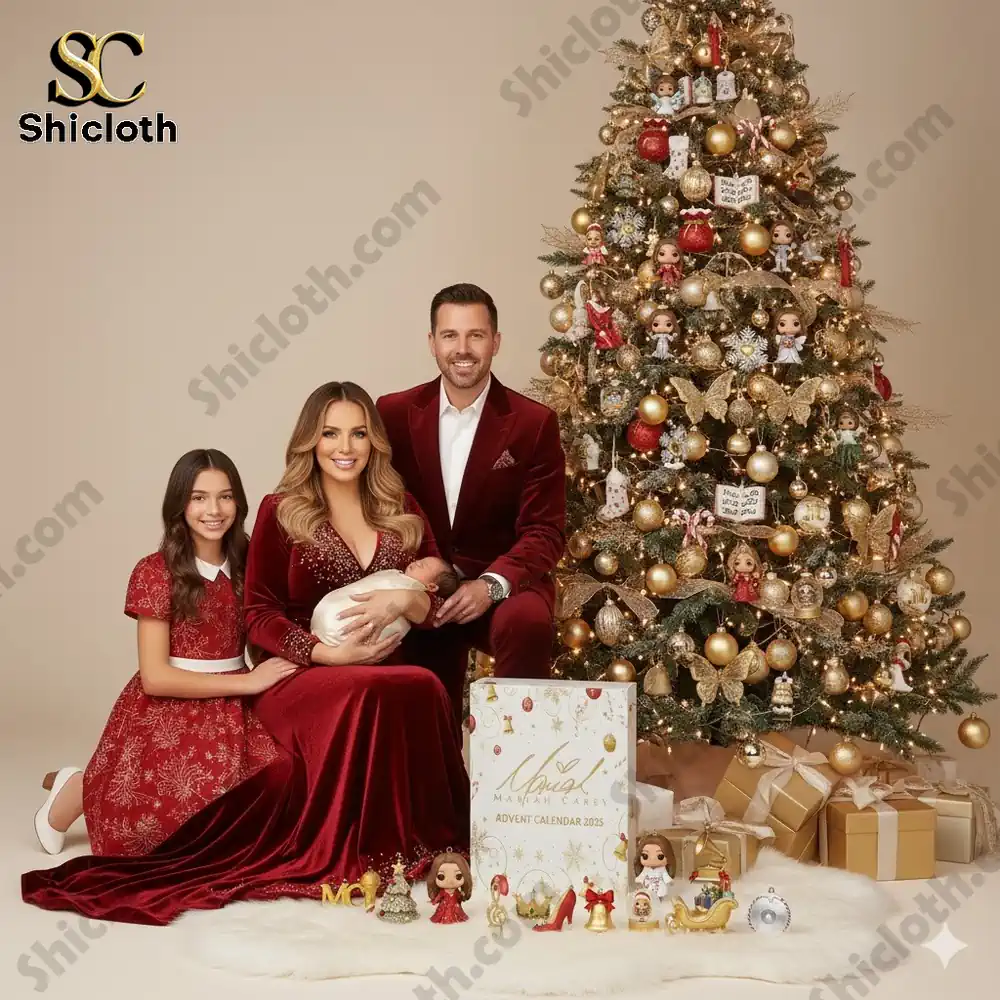 A family sitting by a Christmas tree with Shicloth Mariah Carey Advent Calendar 2025 and festive figurines on display.
