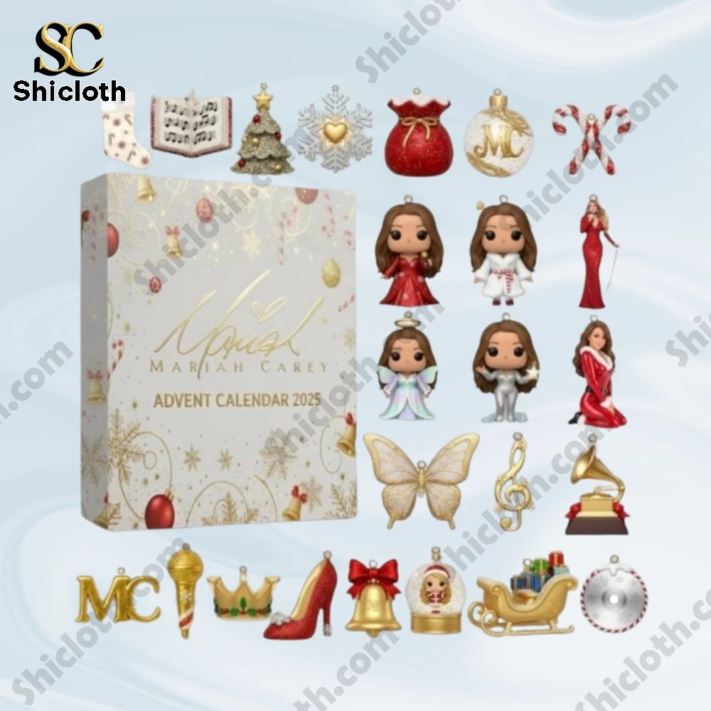 A collection of Mariah Carey themed holiday figurines and ornaments displayed with the Shicloth Advent Calendar 2025 box.