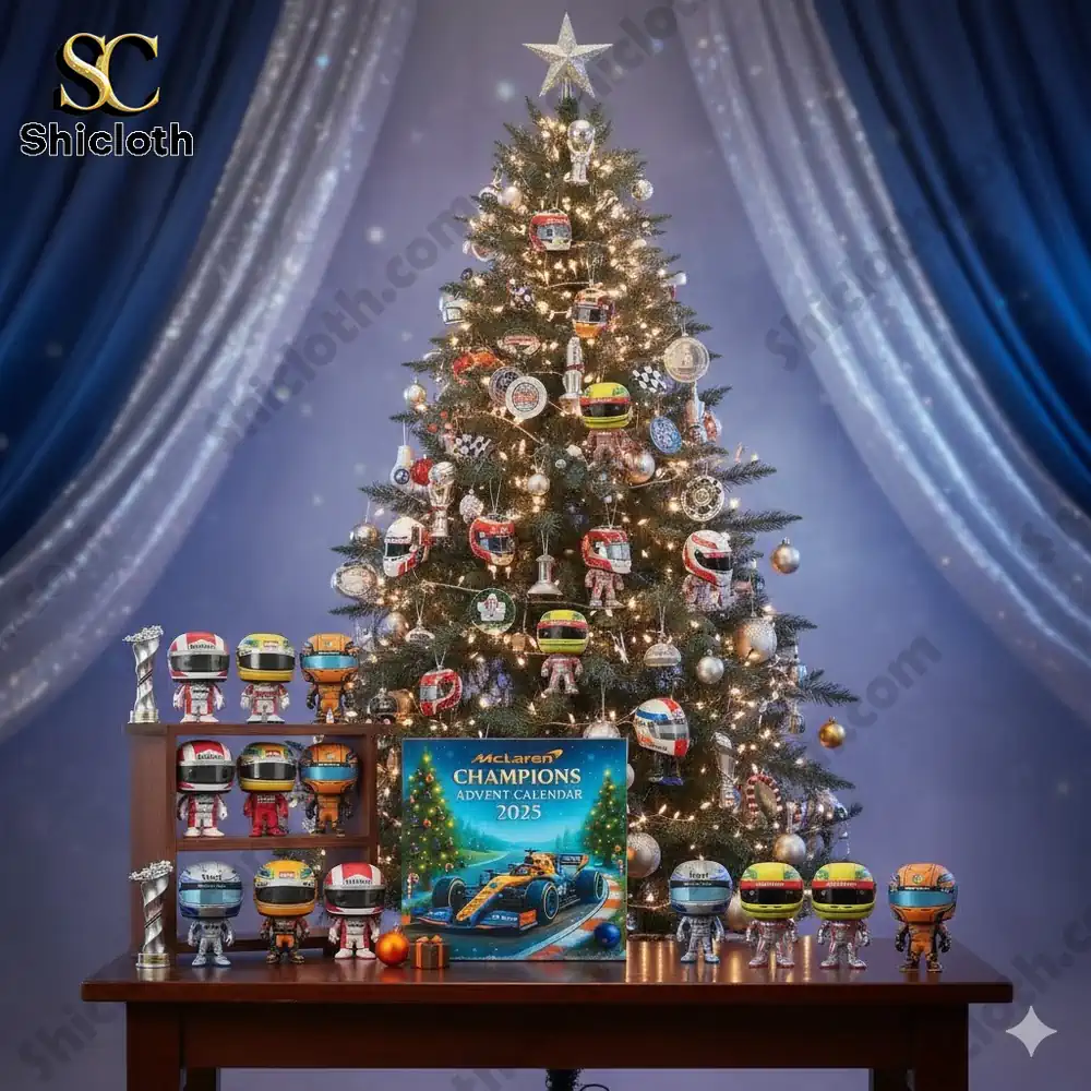 Christmas tree decorated with racing collectibles and McLaren Champions Advent Calendar 2025 by Shicloth!